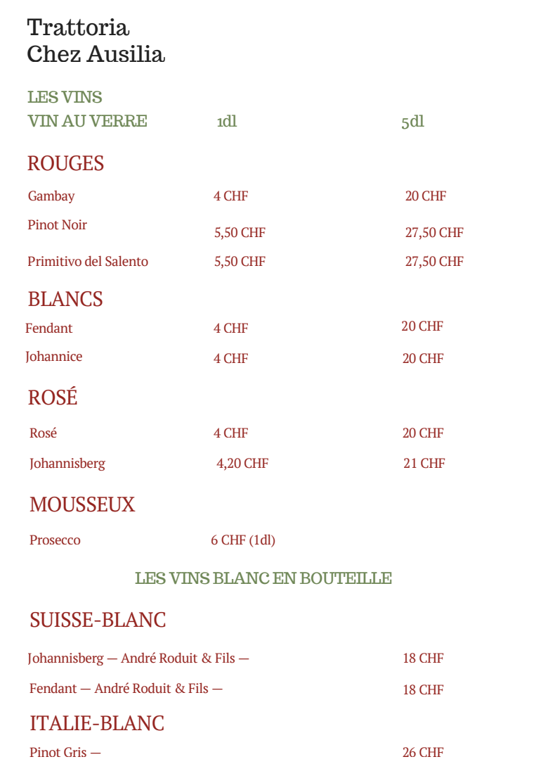 Menu des vins au verre